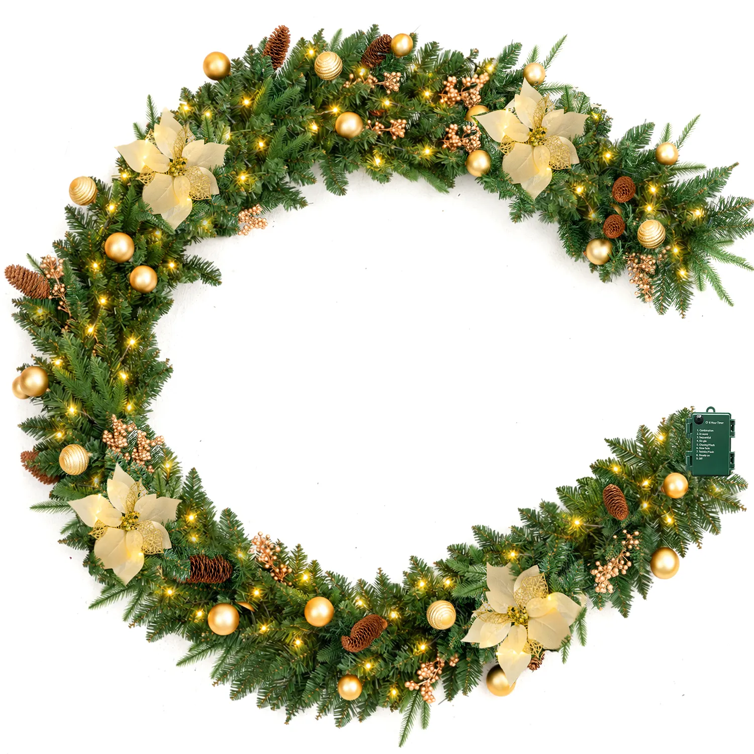 9 ft Pre-Lit Christmas Garland with Gold Flowers, 80 LED Lights